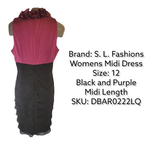 S.L. Fashions Women's Black & Purple Sleeveless Ruffle V Neck Midi Dress Size 12 - Picture 4 of 5
